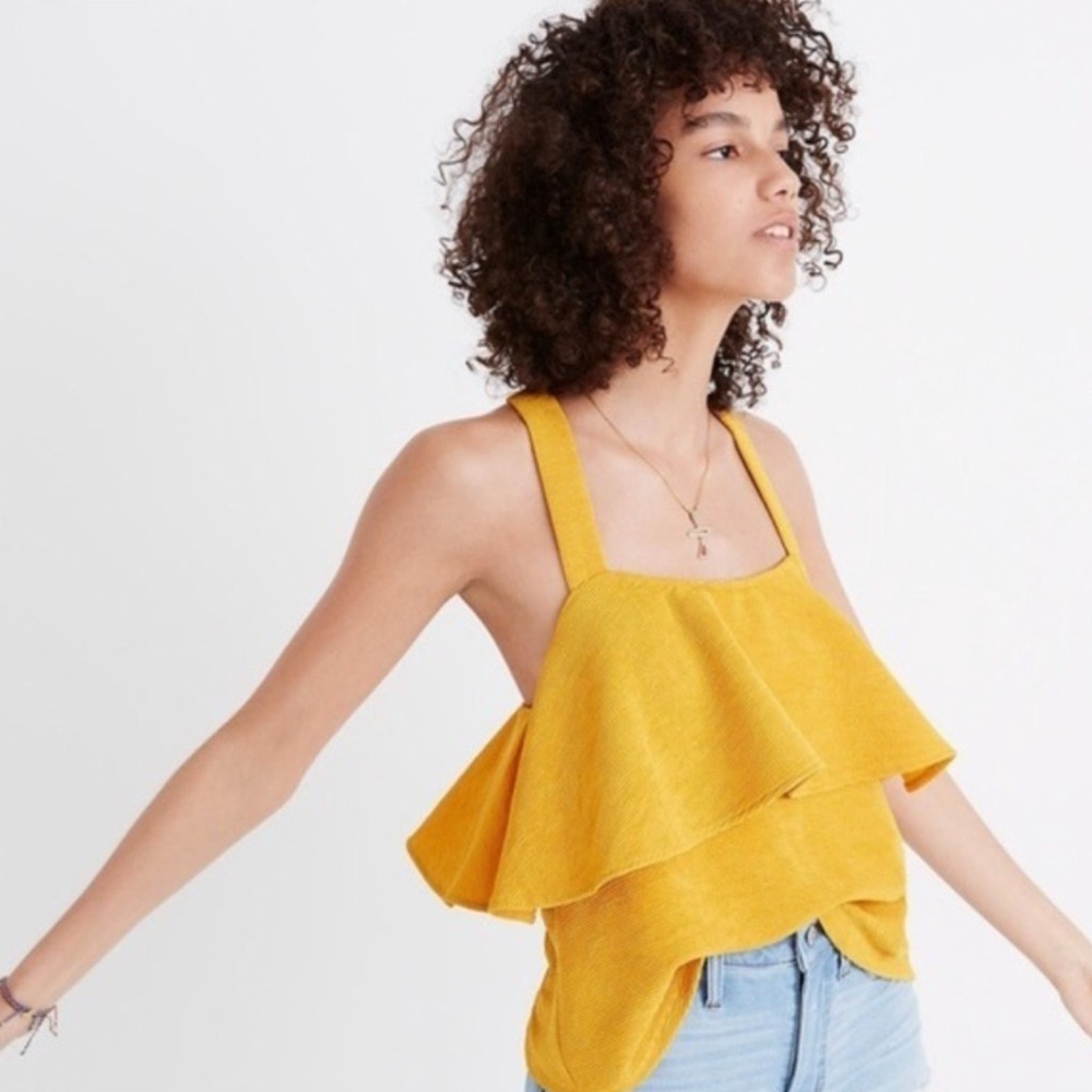 NWOT Madewell Yellow Mustard Ruffle Tiered Cross Back Tank Size XL